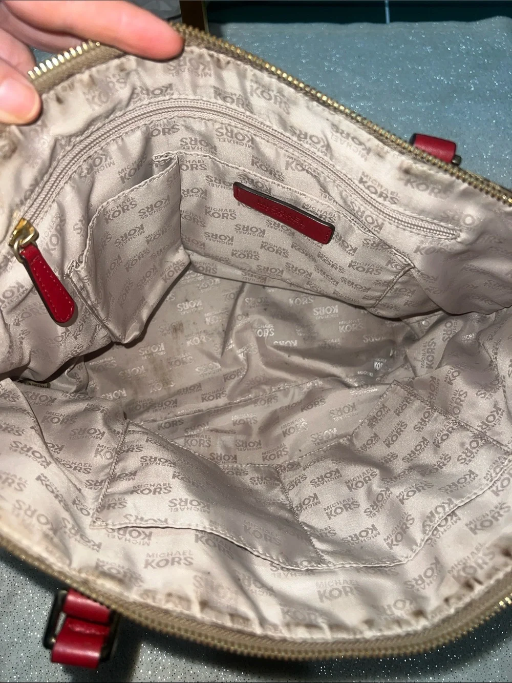 Michael Kors Beige Logo Tote with Red Trim - Picture 9 of 11